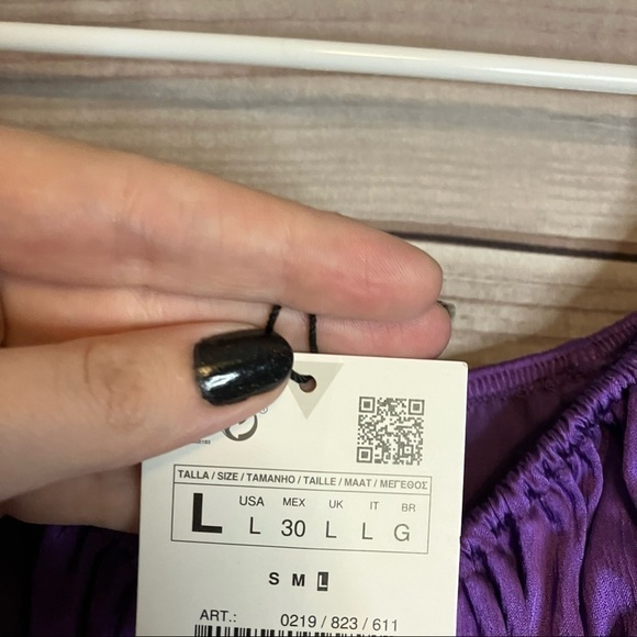 Zara Gathered Satin Mini Long Sleeve Mini Dress in Purple - Picture 14 of 14